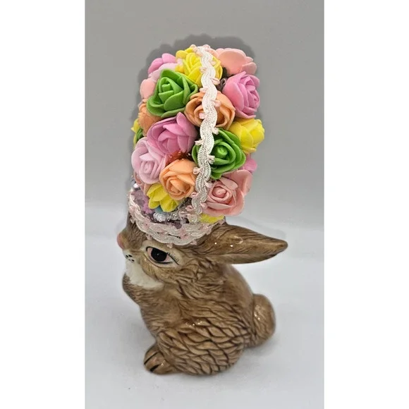 Vintage Ceramic Pretty Bunny Spring Bunny Floral Flower Hat Deb O. Original OOAK - Picture 11 of 16